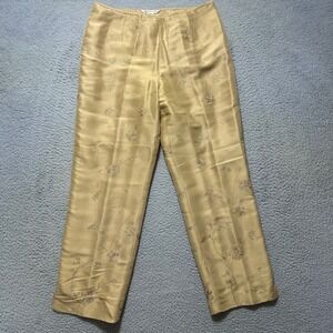 Peter Martin Women Gold 100% Silk‎ Floral Embroidered Straight Leg Pants Size 14